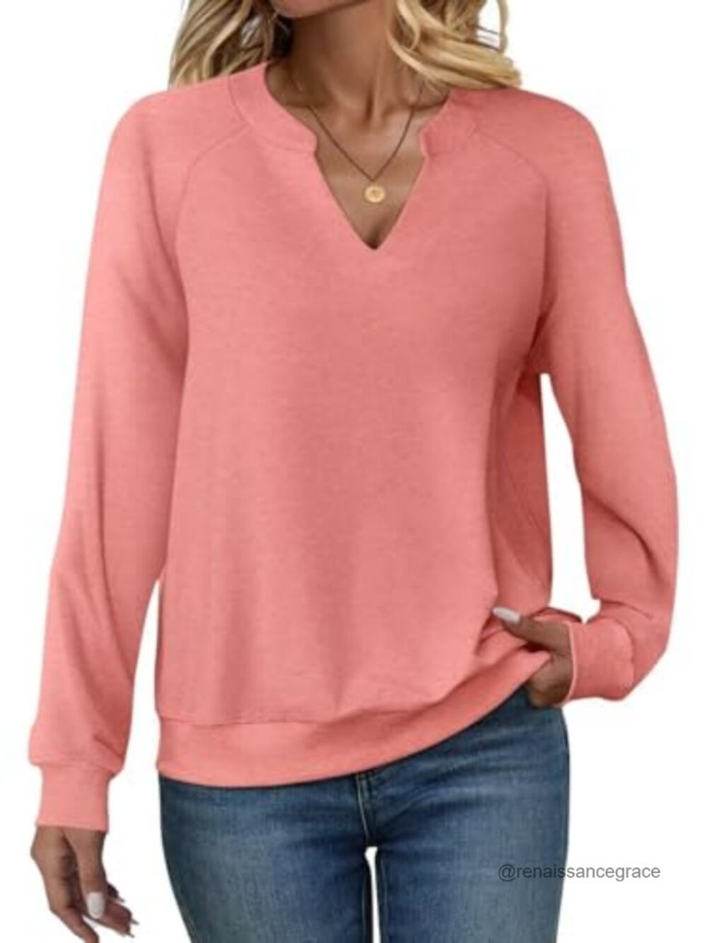 Womens V Neck Sweatshirt Long Sleeve Lightweight Pullover Casual Top